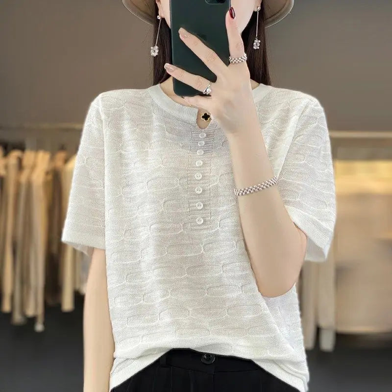 New Bamboo Joint Short Sleeved Knitted Sweater Thin Summer Loose Solid Color Casual Half Sleeve Top