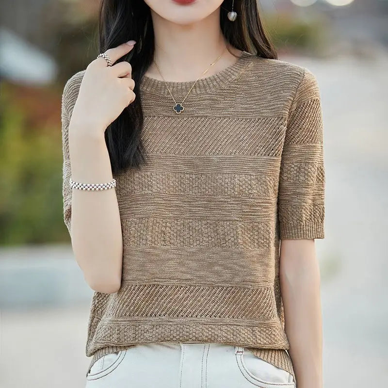 Summer New Style T-shirt with Hollow Texture Round Neck Jacquard Short sleeved Knitted Sweater Loose and Fashionable Top