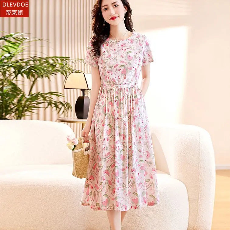 Cotton Linen Women's Mid-Length Summer Dress Waist-cinching Slimming Temperament Short Sleeve Floral